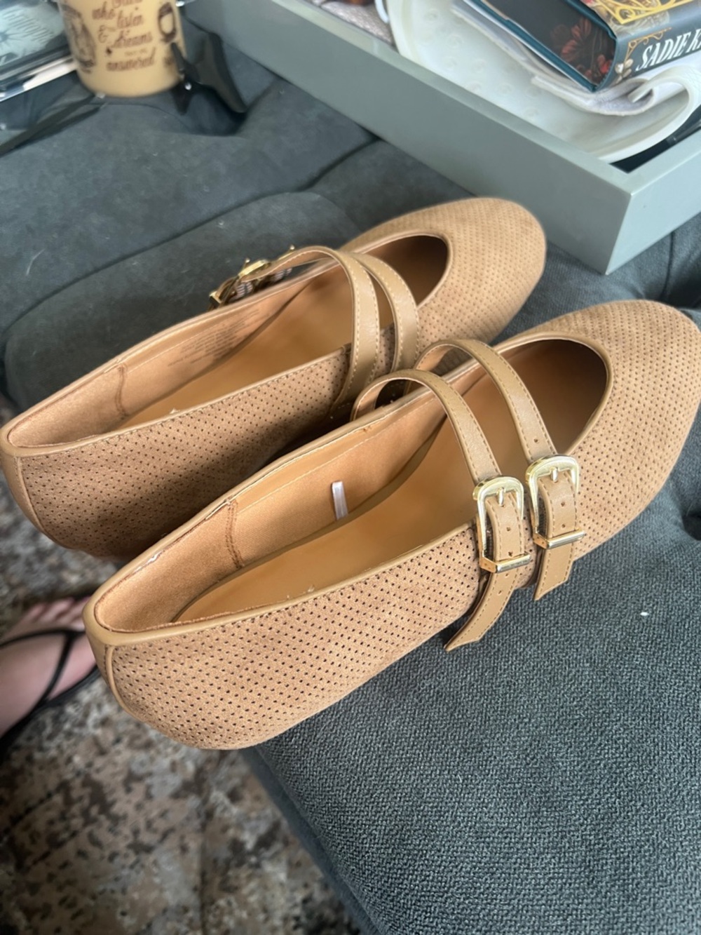 Universal Thread Double-Strap Ballet Flats in Beige with Gold Buckles